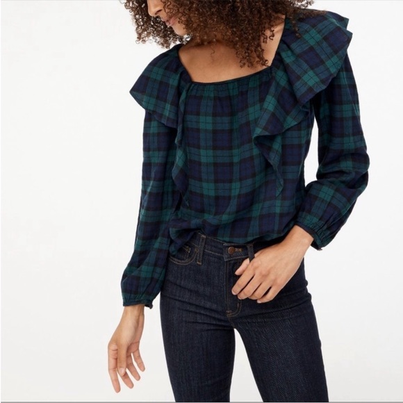J.Crew Black Watch Plaid Ruffle Flannel Shirt - Picture 1 of 5